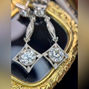 Antique Edwardian 3.36 ctw Platinum Old European Cut Diamond Drop Earrings